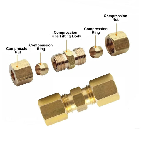 Brass compression tube fittings union, 1/4 in OD x 1/4 in OD, pack of 2, exploded view with nuts, rings, and body
