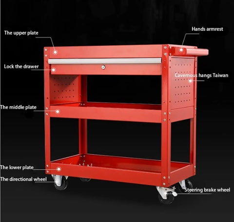 Rock Solid Red Tool Cart Rolling Storage Cabinet With Silent Polyurethane Wheels For Heavy Mechanical Workshop And Garage Projects showing detailed parts.