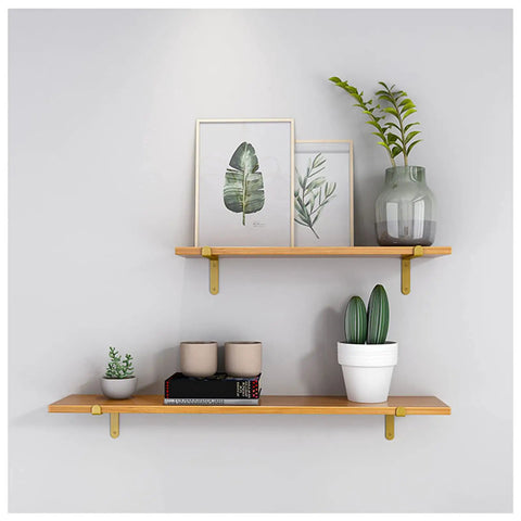 Premium Corner Shelf Brackets For Floating Wall Shelves and Rustic Industrial L Shape Supports with a sleek matte black finish holding wooden shelves.