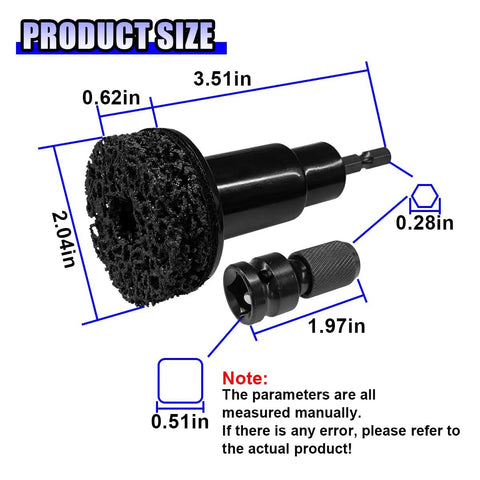 Kickass Heavy Duty Wheel Hub Cleaner Kit With Five Tough Scrub Brushes For Brake Dust And Lug Stud Degreasing, showing dimensions and drill adapter.
