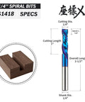 Badass Compression CNC Router Bits For Woodworking 2 Pack Quarter Inch Shank And Quarter Inch Cut Diameter With Naco Nano Coating shows specifications and wood piece.