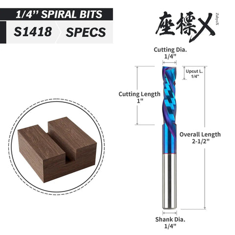 Badass Compression CNC Router Bits For Woodworking 2 Pack Quarter Inch Shank And Quarter Inch Cut Diameter With Naco Nano Coating shows specifications and wood piece.