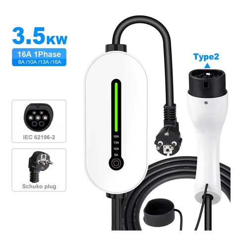 Portable 16A Electric Vehicle Charger With Fast Evse Charging Cable For Home And Travel, 3.5kW, Type2 design and Schuko plug.