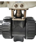 Close-up of Rock-Solid DN65 PVC Electric Actuator Ball Valve 50MM showing actuator and valve body detail for heavy duty plumbing.