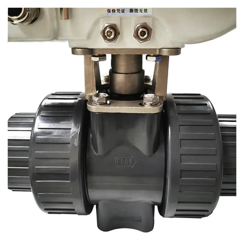 Close-up of Rock-Solid DN65 PVC Electric Actuator Ball Valve 50MM showing actuator and valve body detail for heavy duty plumbing.