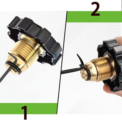 Front and side view of brass-threaded automotive precision pick and hook tool with black plastic knob