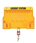 Yellow Lockout Tagout Station Wall Mount Board For Ten Safety Locks with a red padlock and key included