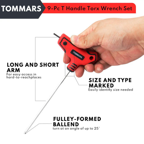Hand holding a red T-handle wrench, part of a Nine Piece T Handle Hex Key Set With Ball End, Metric 2mm To 10mm, S2 Steel.