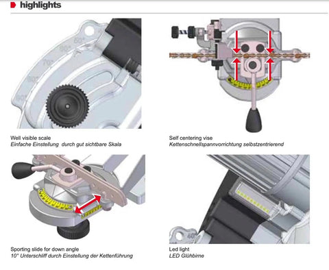 Close-up of self-centering vise and visible scale on the Heavy Duty Bench Grinder For Chainsaw Chain Sharpening.