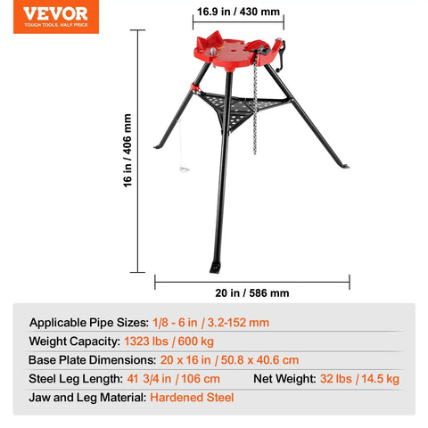 Tripod Pipe Stand With Chain Vise, Portable One Eighth To Six Inch Capacity, Foldable Steel Legs, Tool Tray, dimensions shown