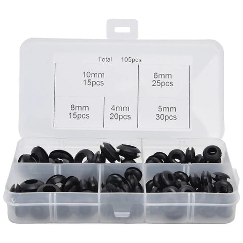105 Piece Rubber Grommet Set For Wiring, Plumbing, And Cables, Guards Wires From Friction, Built Tough Rubber Construction, Five-Size Variety For Easy Replacement And DIY Projects, 105pcs case