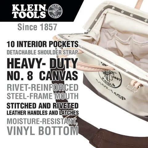 Open view of Tough As Nails 14 Inch Tool Bag With Detachable Shoulder Strap, 10 Interior Pockets, Heavy Duty Natural Canvas
