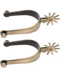 Ride Ready Retro Western Spurs For Men And Women, Antique Brass Zinc Alloy Gear Spurs For Boots, closeup of spurs on white background
