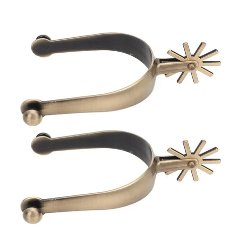 Ride Ready Retro Western Spurs For Men And Women, Antique Brass Zinc Alloy Gear Spurs For Boots, closeup of spurs on white background