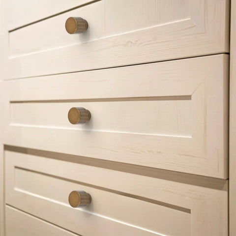 Antique Brass Round Cabinet Knobs 1.1 Inch Diameter Zinc Alloy With Brushed Finish on white dresser drawers
