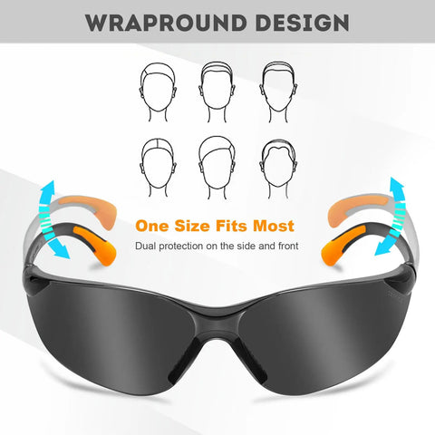 12 Pack Safety Glasses For Men And Women With Anti Fog Scratch Resistant Wrap Around Tinted Smoke Lenses And Non Slip Orange Rubber Grips For A Secure Fit, All Day Comfort, ANSI Z87.1 Rated For Work, DIY, And Outdoor Use, shown with wraparound design diagram and non slip grips.