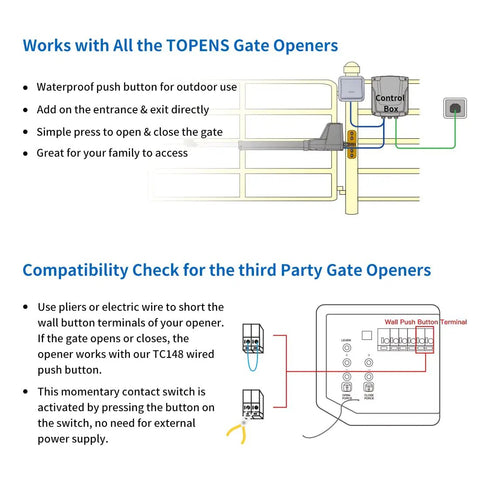 Diagram of Weatherproof Wall Push Button Release Switch for Outdoor Gate Opener showing wiring and installation for access control systems.