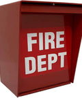 Bright Red Fire Department Box With 14 Gauge Steel Construction And Heavy Duty Stainless Steel Combination Padlock For Gates Lockers Sheds Fire Boxes Or Storage Emergency Gate Access Backed Up By A Micro Switch showing a side angle view with 'FIRE DEPT' text on front.