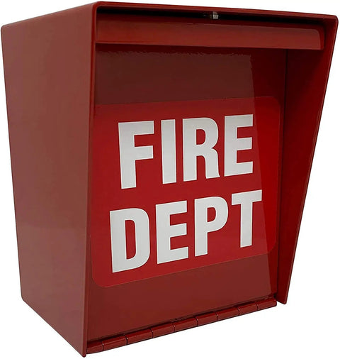 Bright Red Fire Department Box With 14 Gauge Steel Construction And Heavy Duty Stainless Steel Combination Padlock For Gates Lockers Sheds Fire Boxes Or Storage Emergency Gate Access Backed Up By A Micro Switch showing a side angle view with 'FIRE DEPT' text on front.