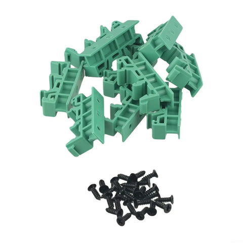 Rock Solid DIN Rail PCB Mounting Bracket 35mm Green Plastic Secure Vibration Resistant Mounting Clamp For Standard 35mm DIN Rails In Industrial Environments Easy Snap In Design For Quick Installation And Stable Performance In Dusty Harsh Environments., green brackets with screws