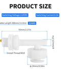 Two Pack Polypropylene Float Switches M10 Thread 55 Mm White For Water Level Sensing And Control In Tanks And Pumps DIY Projects Easy Install Durable And Reliable Relay Required For Safe Operation. product size diagram