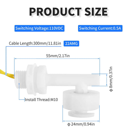 Two Pack Polypropylene Float Switches M10 Thread 55 Mm White For Water Level Sensing And Control In Tanks And Pumps DIY Projects Easy Install Durable And Reliable Relay Required For Safe Operation. product size diagram