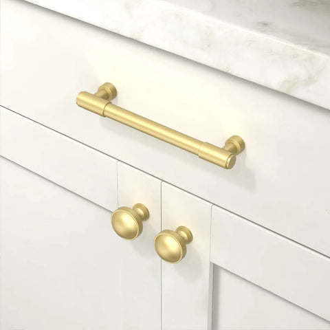 10 Pack Brushed Gold Cabinet Pulls and Drawer Handles 5 Inch Center to Center on white cabinet.