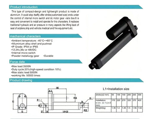 Diagram and specifications of Heavy Duty 12V/24V DC Linear Actuator, 1000mm Stroke, 500N to 3500N Load, with aluminum casing.