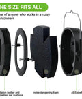 Exploded view of Noise Cancelling Ear Muffs With 28dB NRR, showing leather ear cushions, noise-dampening foam, and ABS shell
