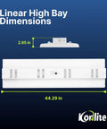 4Ft LED Highbay Light Pack Of Two, 225W, 30600 Lumens, Daylight White 5000K, showing dimensions: 44.29 x 12.6 inches.