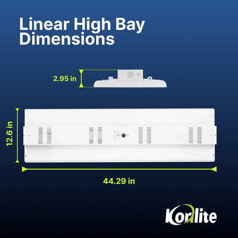 4Ft LED Highbay Light Pack Of Two, 225W, 30600 Lumens, Daylight White 5000K, showing dimensions: 44.29 x 12.6 inches.