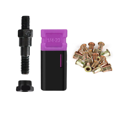 NT600 Rivnut Tool And 1 4 20 Replacement Mandrel Kit with purple mandrel and brass nuts