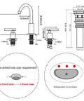 Diagram of black bathroom faucet with two handles, widespread 3 holes, deck mount, 8 inch center. Includes spout dimensions.