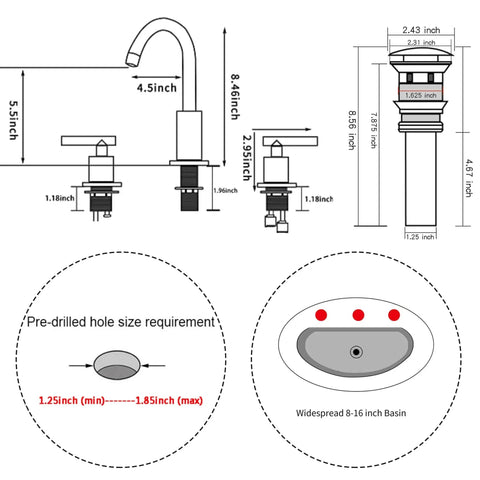 Diagram of black bathroom faucet with two handles, widespread 3 holes, deck mount, 8 inch center. Includes spout dimensions.