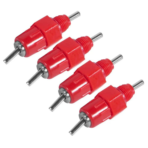 Screw Style Automatic Chicken Waterer Nipples 30 Pack No Fuss Setup Drip Free Poultry Drinkers, red plastic design, set of four.
