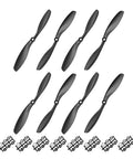 Rugged RC Propellers 8x4.5 Inch Nylon Two Vane CW CCW Set For Fixed Wing Aircraft With Adapter Rings Black Finish shown in set.