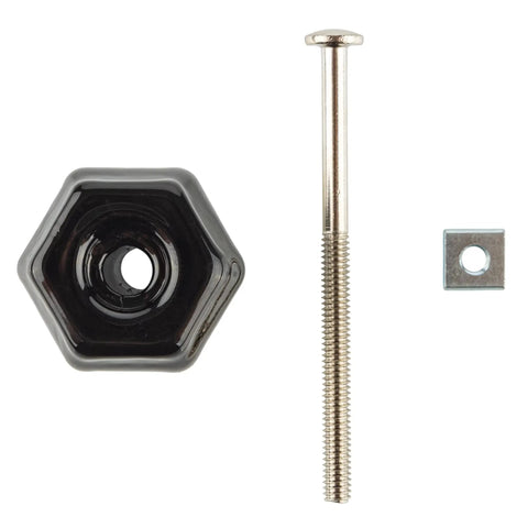 Top Notch Depression Era Hexagonal Black Milk Glass Drawer Knob With Old School Vibe And Timeless Reproduction Quality One Inch Quarter Diameter Ideal For Antique Cabinet Repair And Dresser Updates Easy Mounting Hardware Set with bolt and washer.