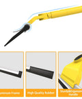 Close-up view of multi purpose V shaped grout brush and floor squeegee set with 16.9 inch long handles, featuring aluminum frame and silicone blade.