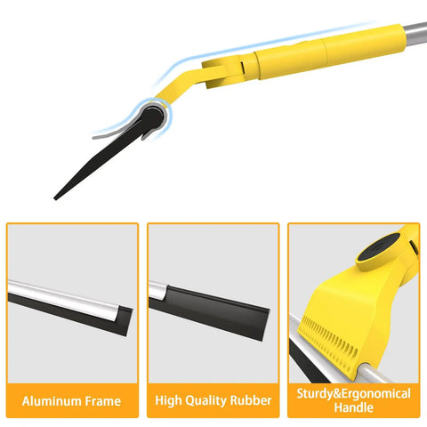 Close-up view of multi purpose V shaped grout brush and floor squeegee set with 16.9 inch long handles, featuring aluminum frame and silicone blade.