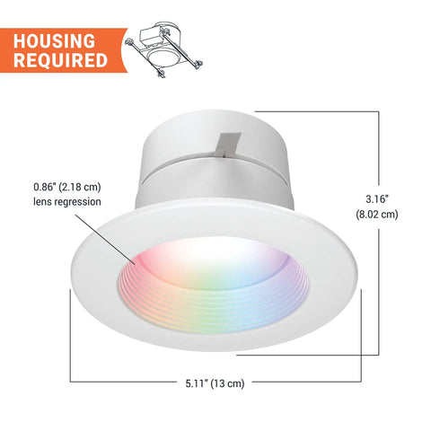 4 Inch Smart WiFi Recessed LED Downlight With SpaceSense Motion Detection, Dimmable RGBW Color Changing, 600 Lumens, Wet Rated Ceiling Light, No Hub Needed, Works With WiZ Pro, housing required
