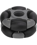 Front view of 48mm omni-directional wheel for robots; nylon core with four black TPR rollers
