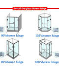 Diagram showing Soft Close Cabinet Door Hinge Set For 8 To 12mm Doors Built Tough Stainless Steel Hinges with various angles for shower stalls.