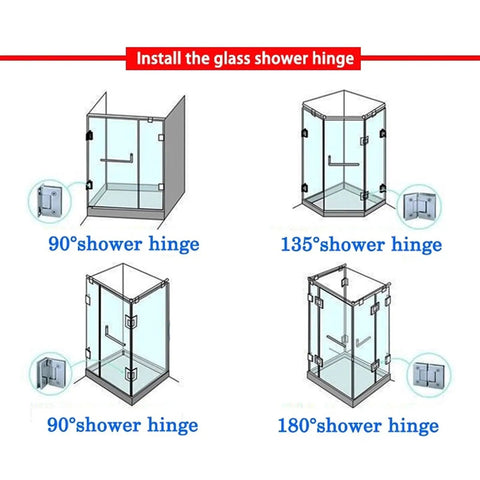 Diagram showing Soft Close Cabinet Door Hinge Set For 8 To 12mm Doors Built Tough Stainless Steel Hinges with various angles for shower stalls.