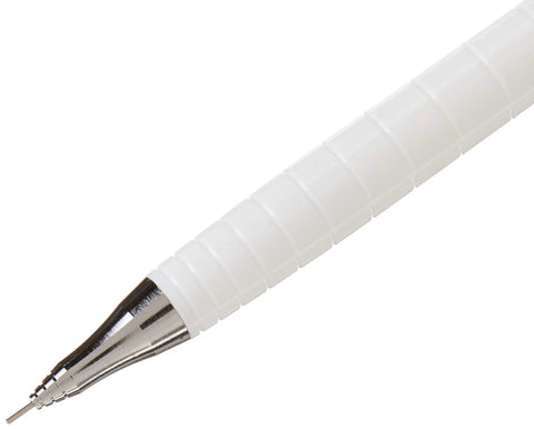 Close-up of Orenz 0.2mm Mechanical Pencil With White Barrel, Super Sliding Sleeve Prevents Lead Breaks, One Click Extend And Retract.