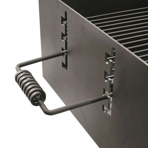 Close-up of Heavy Duty Park Style Charcoal BBQ Grill For Camping Backyard Patios And Tailgating with adjustable grate handles.