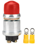 Waterproof Push Button Starter Switch 12V 24V 50A For Cars Boats Trucks And Tractors Engines With Neoprene Cover Momentary SPST Off To On Red Finish Built Tough Heavy Duty, shown with two yellow terminals.