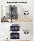 Vertical Dual Monitor Mount For Two 17 To 32 Inch Screens With Height Adjustable Arms And C Clamp Ergonomic Desk Mount Holds Up To 17.6 Lbs Per Screen Stackable Setup For Maximized Comfort And Productivity, showing swivel and rotation angles in an office setting.
