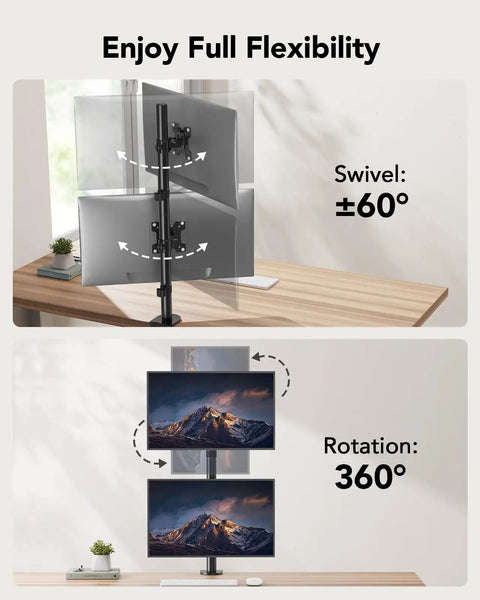 Vertical Dual Monitor Mount For Two 17 To 32 Inch Screens With Height Adjustable Arms And C Clamp Ergonomic Desk Mount Holds Up To 17.6 Lbs Per Screen Stackable Setup For Maximized Comfort And Productivity, showing swivel and rotation angles in an office setting.