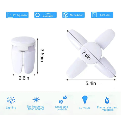 Dimensions and features of Four-Panel Deformable 40W Mini LED Garage Light with adjustable heads, showing size and compatibility.