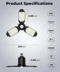 Motion Sensor Garage Light Ultra Bright 8000LM 6500K Shop Light With 3 Modes Auto On Off PIR Detection 360 Degree Coverage Detects Movement Up To 15 Feet Perfect For Garage, Shop, And Driveway. product specs image showing 3-head LED light, 4.65-inch height, 8.9-inch width